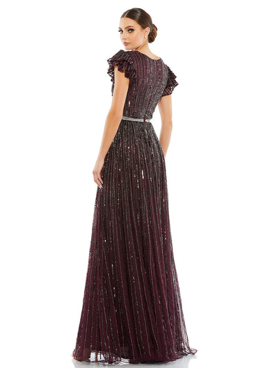 Sequined Wrap Over Ruffled Cap Sleeve Gown