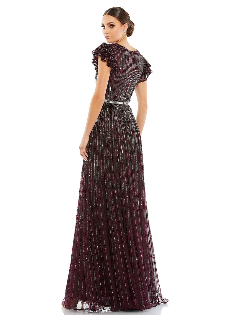 Sequined Wrap Over Ruffled Cap Sleeve Gown