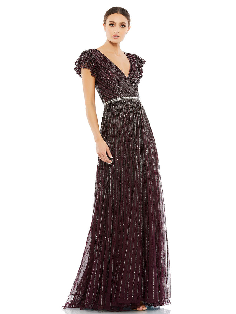 Sequined Wrap Over Ruffled Cap Sleeve Gown