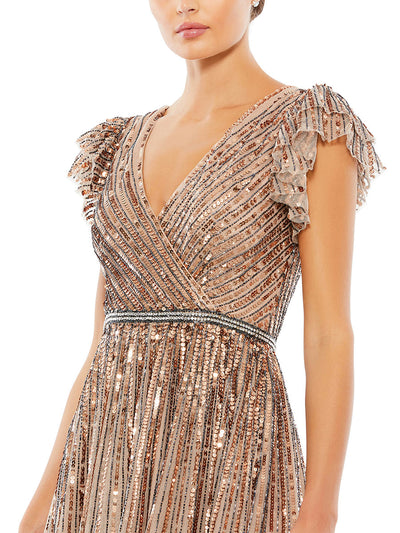 Sequined Wrap Over Ruffled Cap Sleeve Gown