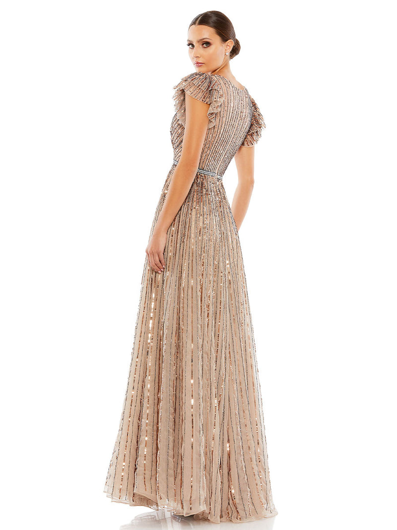 Sequined Wrap Over Ruffled Cap Sleeve Gown