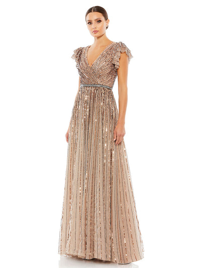 Sequined Wrap Over Ruffled Cap Sleeve Gown