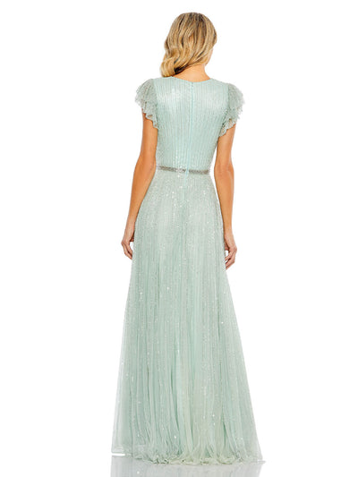 Sequined Wrap Over Ruffled Cap Sleeve Gown