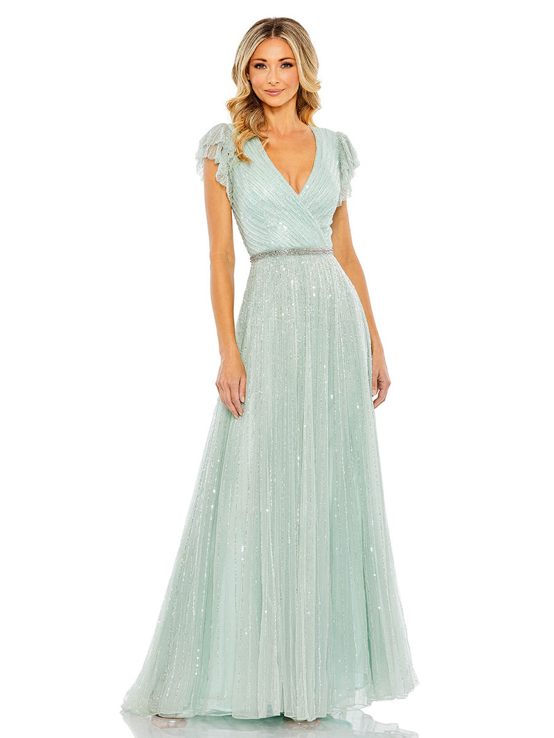 Sequined Wrap Over Ruffled Cap Sleeve Gown