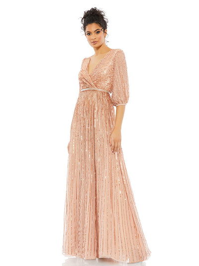 Sequined Wrap Over 3/4 Sleeve Gown