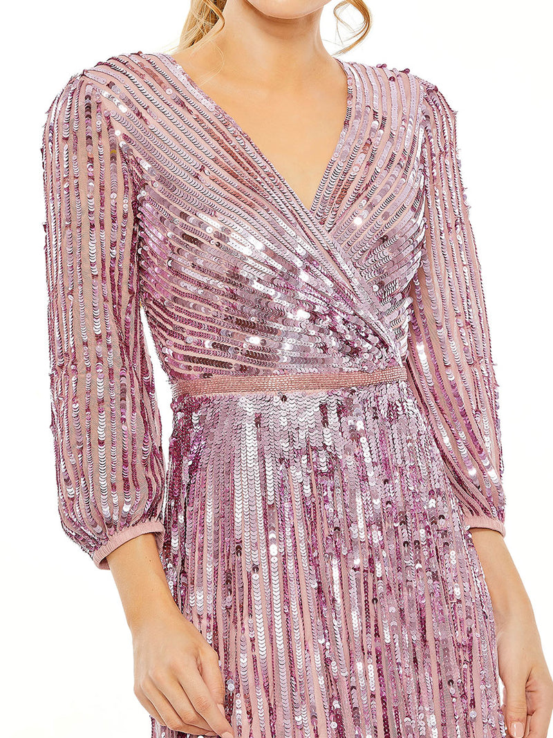 Sequined Wrap Over 3/4 Sleeve Gown