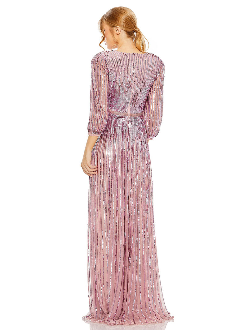 Sequined Wrap Over 3/4 Sleeve Gown