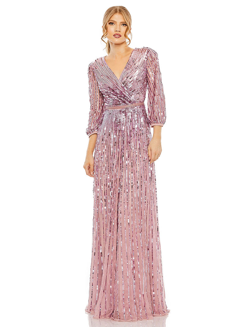 Sequined Wrap Over 3/4 Sleeve Gown