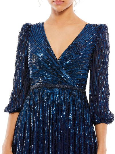 Sequined Wrap Over 3/4 Sleeve Gown