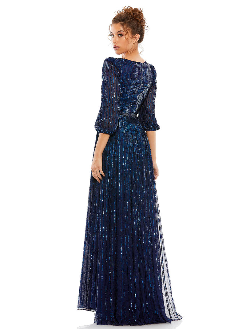 Sequined Wrap Over 3/4 Sleeve Gown