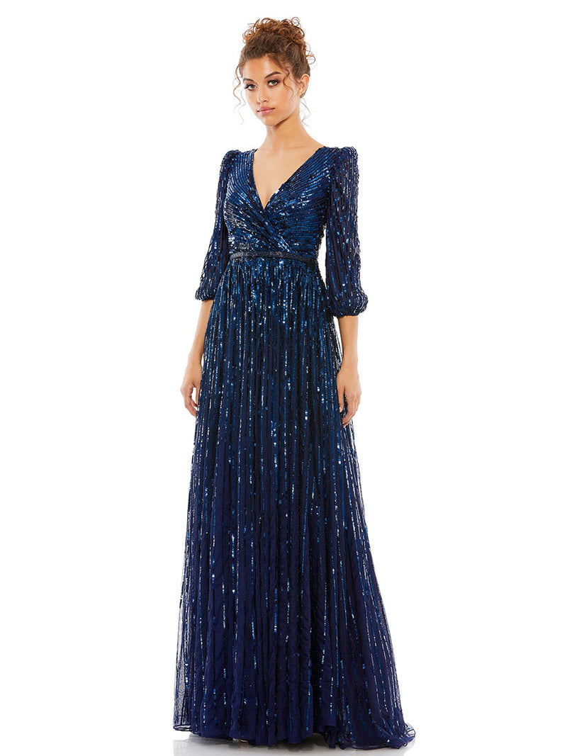 Sequined Wrap Over 3/4 Sleeve Gown