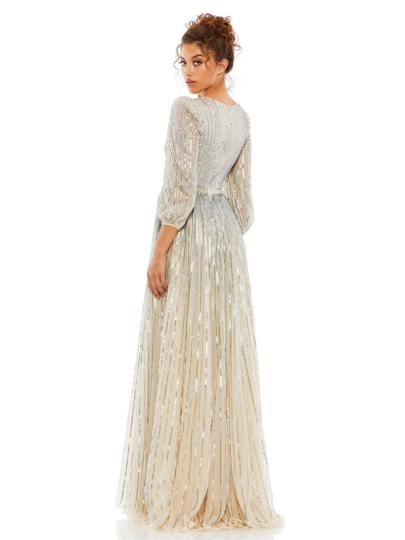 Sequined Wrap Over 3/4 Sleeve Gown