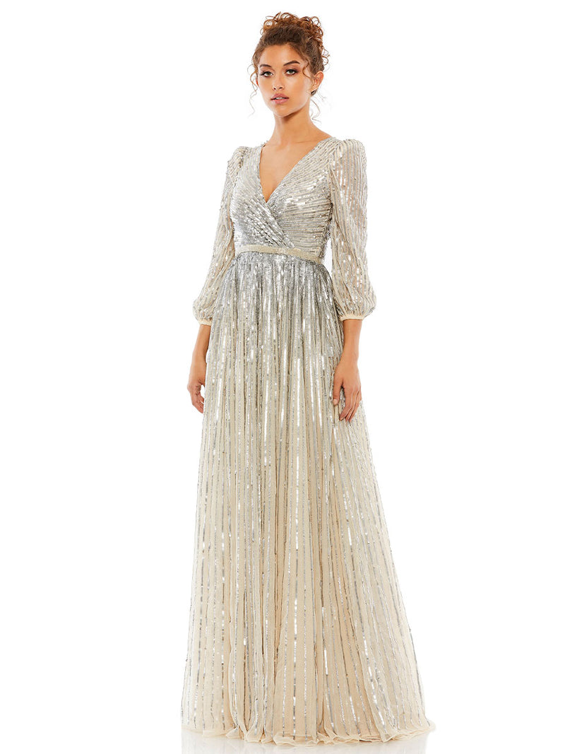 Sequined Wrap Over 3/4 Sleeve Gown