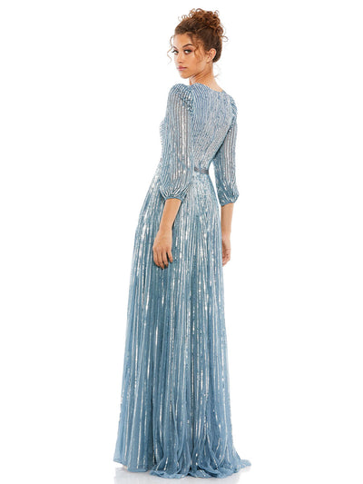 Sequined Wrap Over 3/4 Sleeve Gown