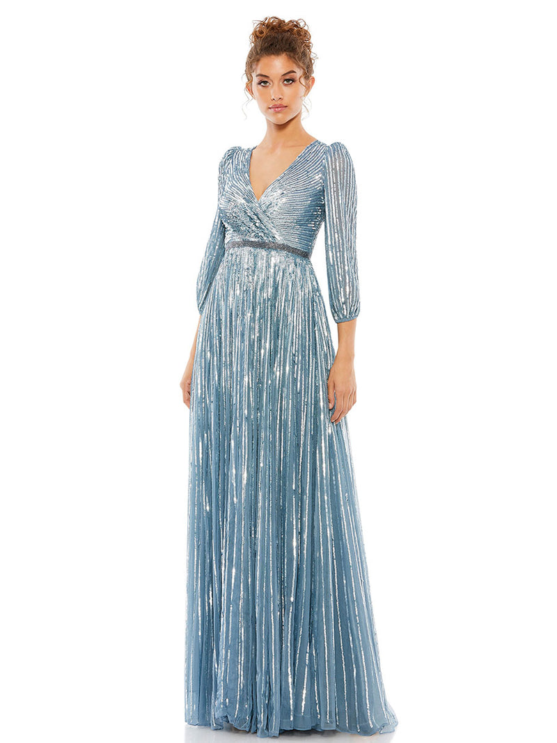 Sequined Wrap Over 3/4 Sleeve Gown