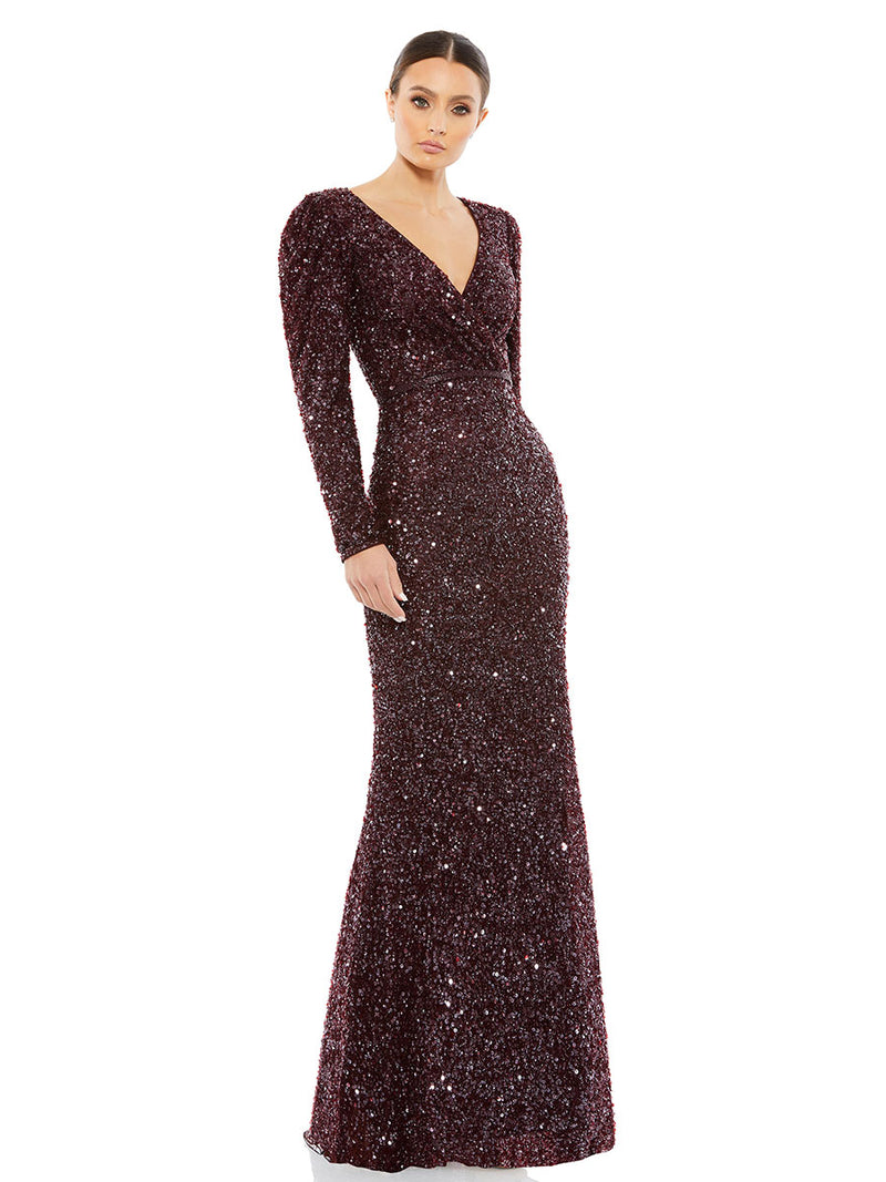 Puff Shoulder Sequined Surplice Gown