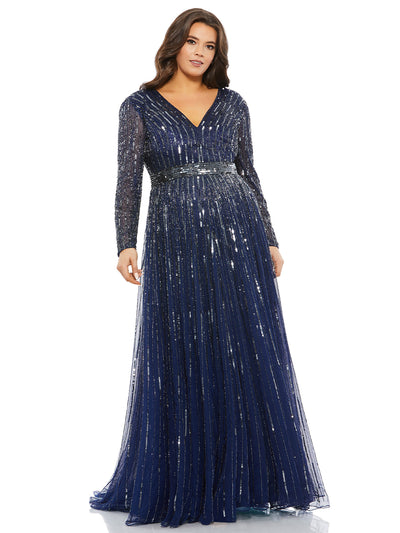 Embellished Illusion Long Sleeve V Neck A Line Gown (plus)