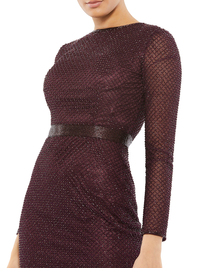 Long Sleeve Lattice Beaded Midi Cocktail Dress