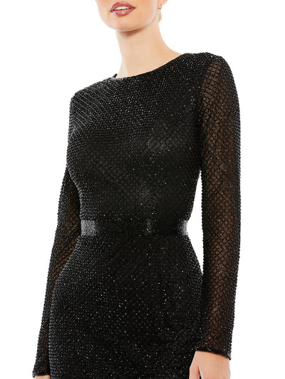 Long Sleeve Lattice Beaded Midi Cocktail Dress