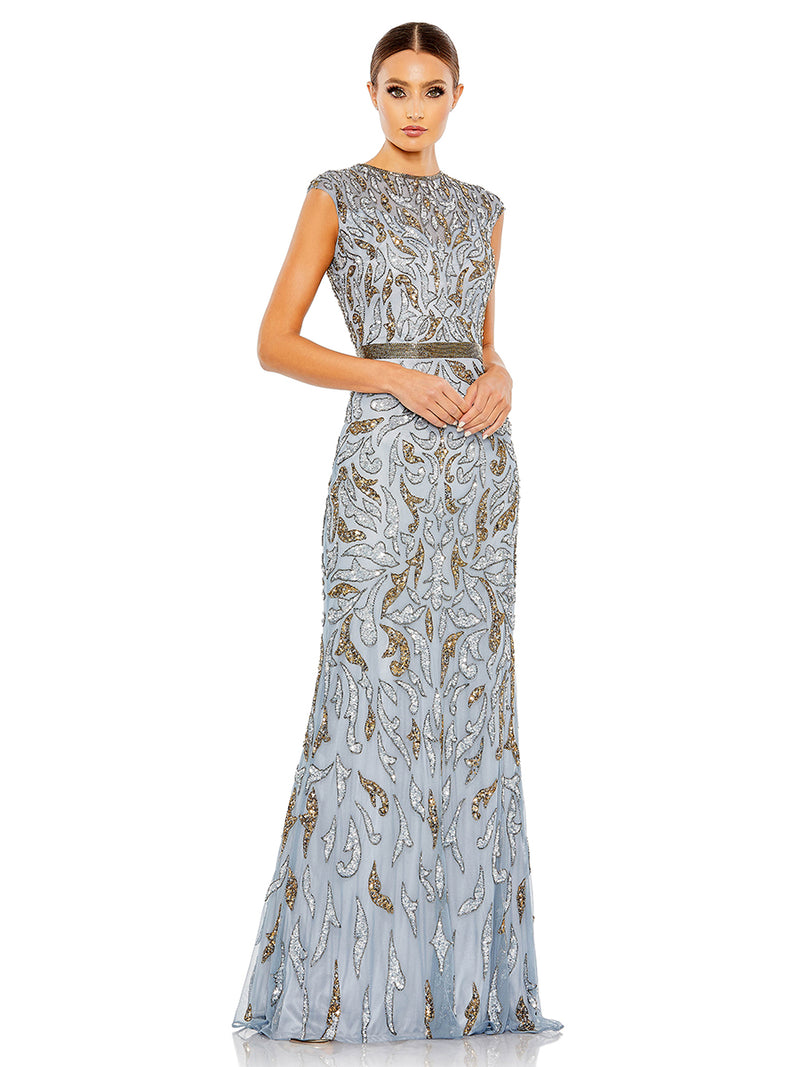 Embellished Illusion Cap Sleeve Column Gown