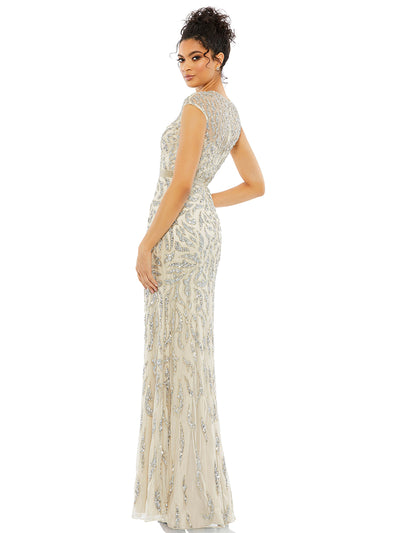 Embellished Illusion Cap Sleeve Column Gown