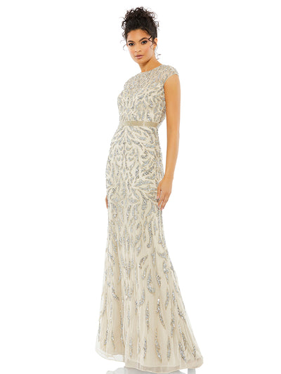 Embellished Illusion Cap Sleeve Column Gown