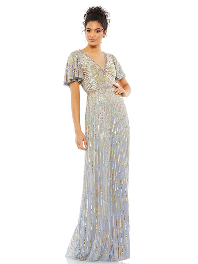 Embellished V Neck Butterfly Sleeve Column Gown