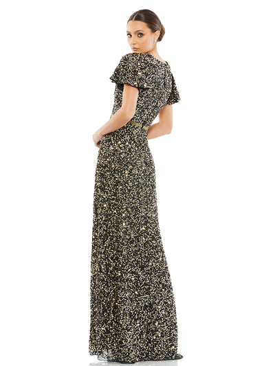 Sequined Wrap Over Butterfly Sleeve Draped Gown