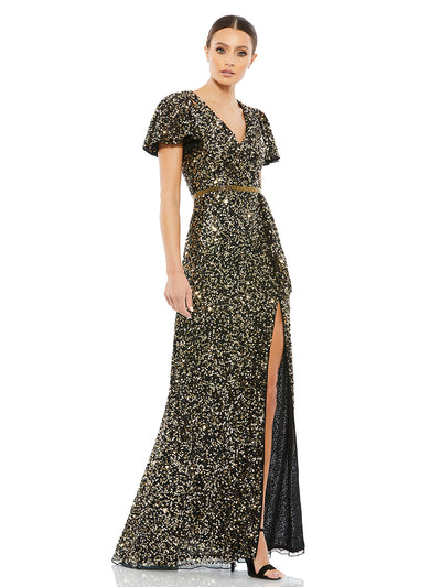 Sequined Wrap Over Butterfly Sleeve Draped Gown