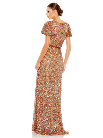 Sequined Wrap Over Butterfly Sleeve Draped Gown