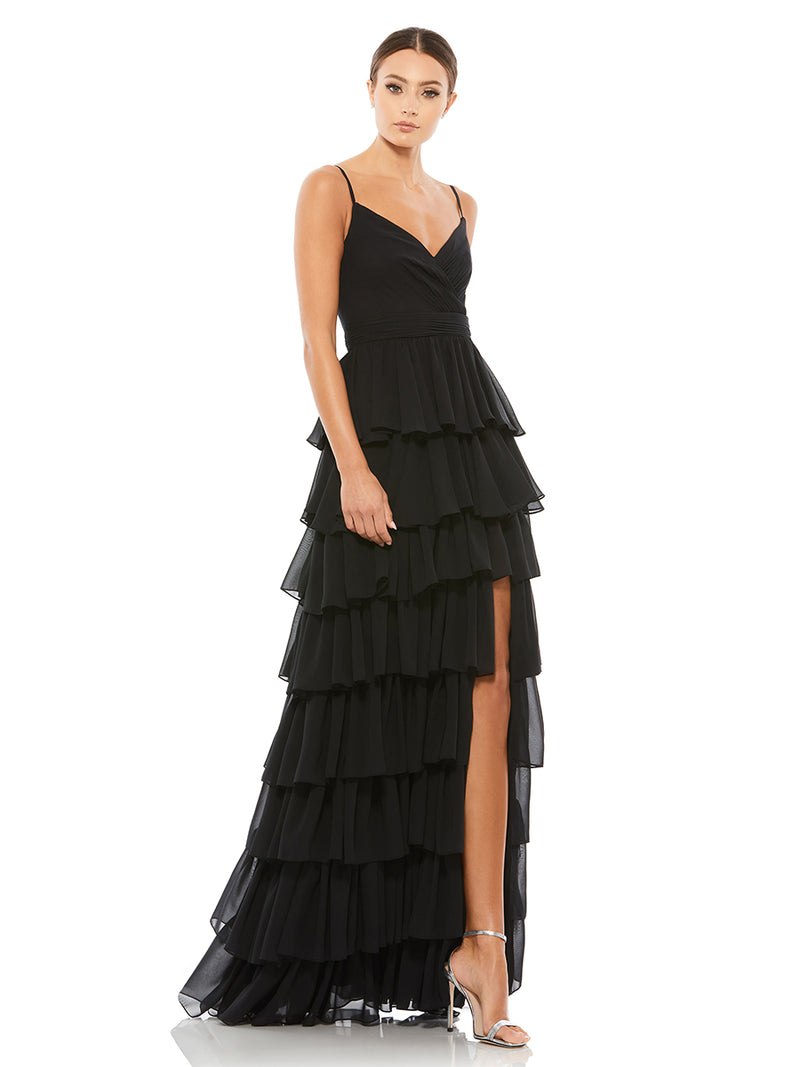 V-Neck Sleeveless Gown with Ruffled Skirt