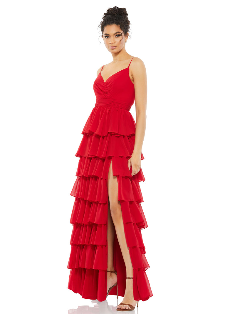V-Neck Sleeveless Gown with Ruffled Skirt