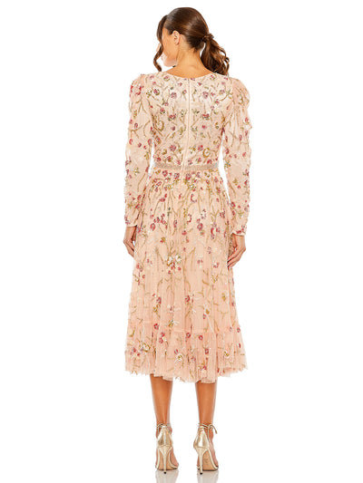 Floral Embellished Wrap Over Puff Sleeve A Line Gown