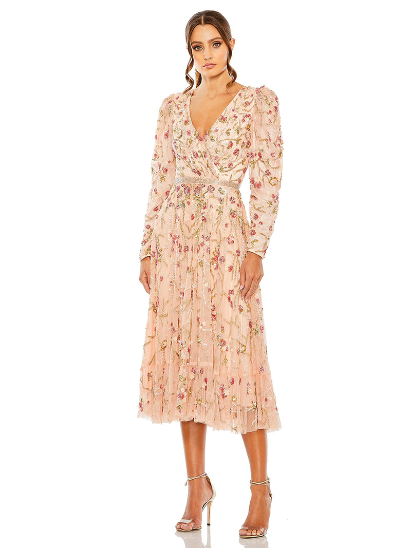 Floral Embellished Wrap Over Puff Sleeve A Line Gown