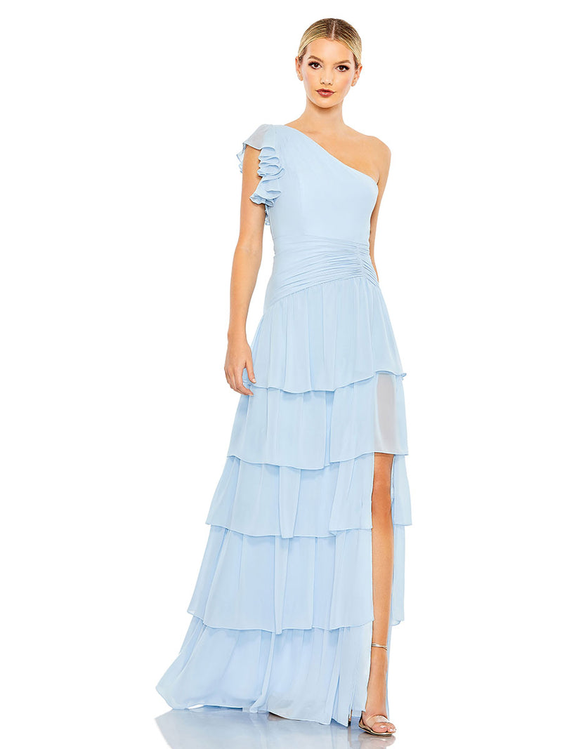 Blue Ruffle Tiered One Flutter Sleeve Gown
