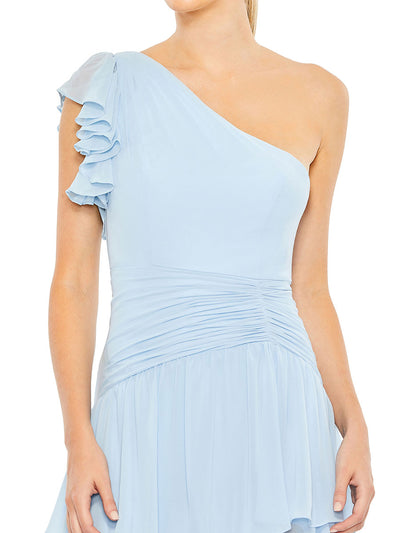 Blue Ruffle Tiered One Flutter Sleeve Gown