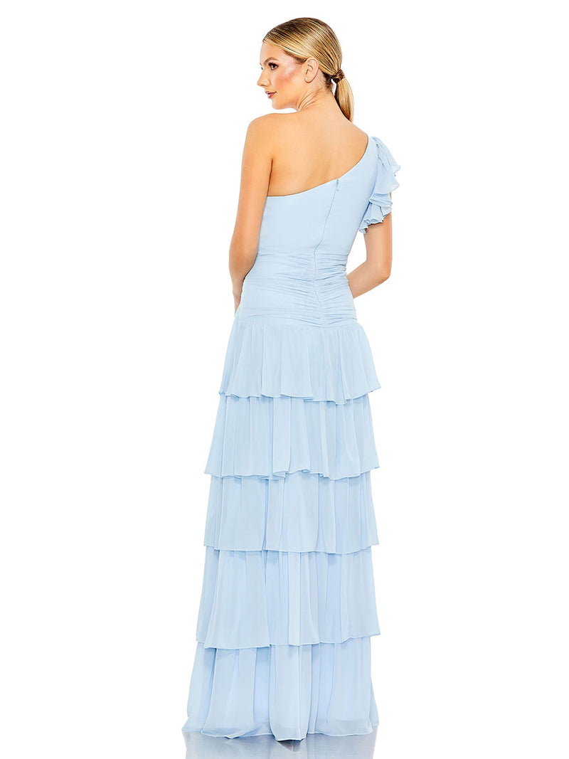 Blue Ruffle Tiered One Flutter Sleeve Gown