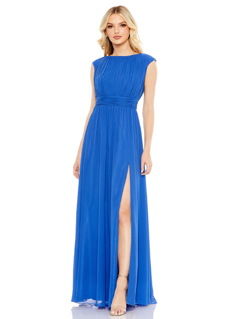 Blue Pleated Bateau Cap Sleeve A Line Gown