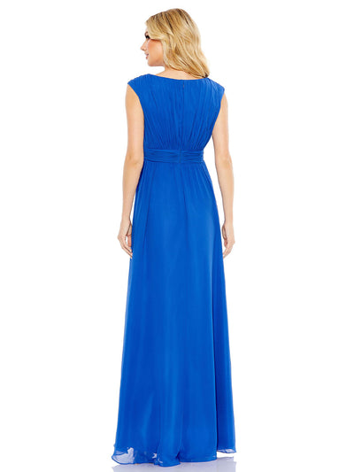 Blue Pleated Bateau Cap Sleeve A Line Gown