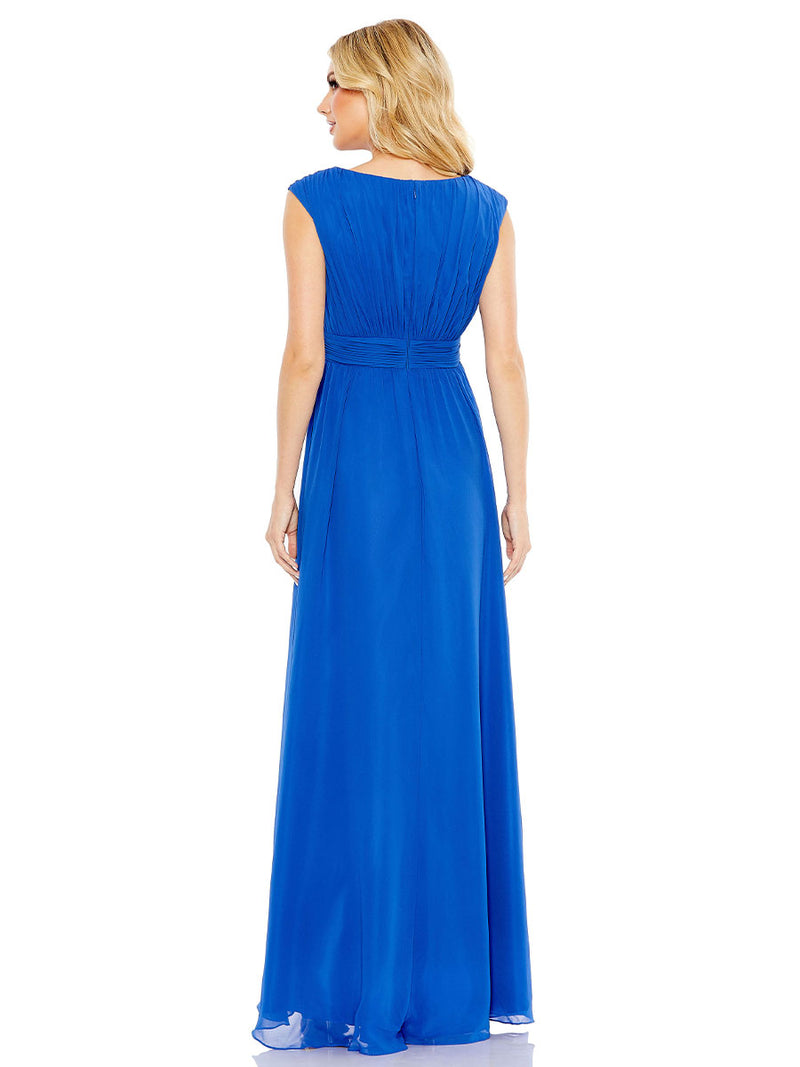 Blue Pleated Bateau Cap Sleeve A Line Gown
