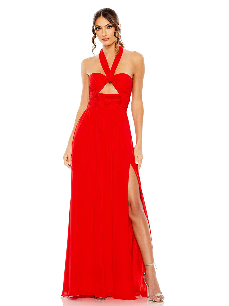 Red Ruched Halter Strap Keyhole Chiffon Gown