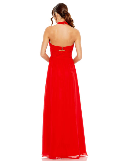 Red Ruched Halter Strap Keyhole Chiffon Gown