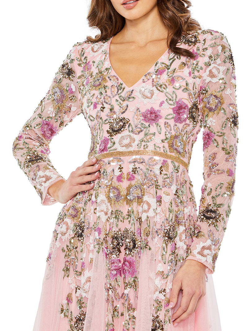 Hand Embellished Floral V Neck Long Sleeve Dress