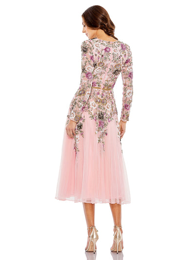 Hand Embellished Floral V Neck Long Sleeve Dress