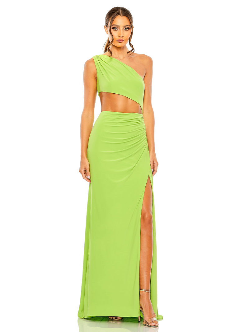 Cut Out One Shoulder Ruched Back Gown
