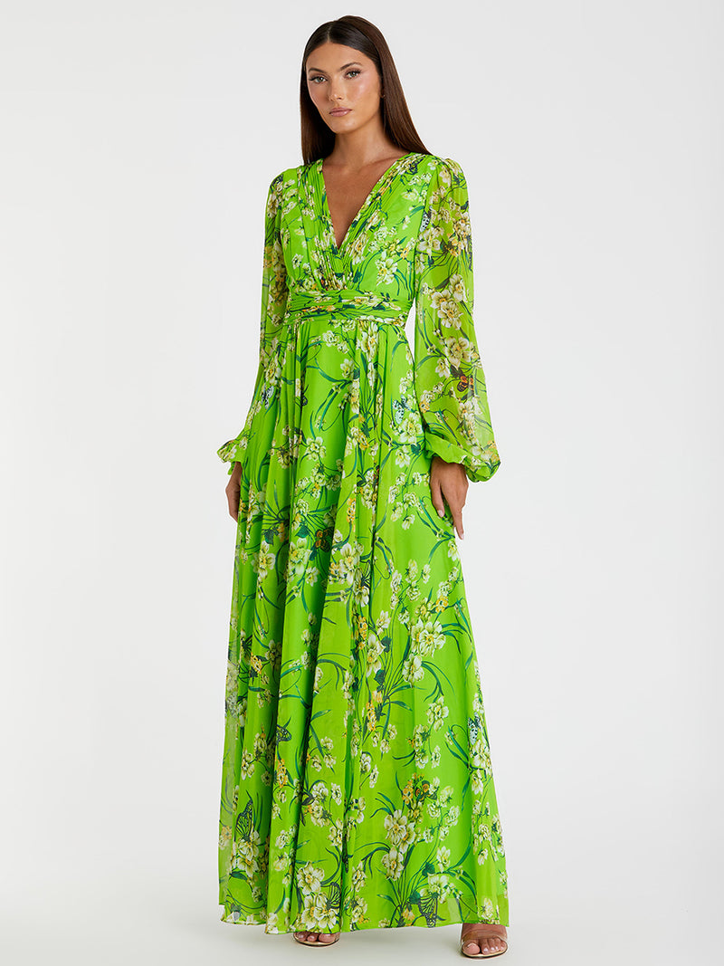 Green Puff Sleeve Floral Chiffon Gown