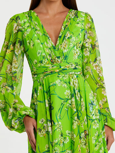 Green Puff Sleeve Floral Chiffon Gown
