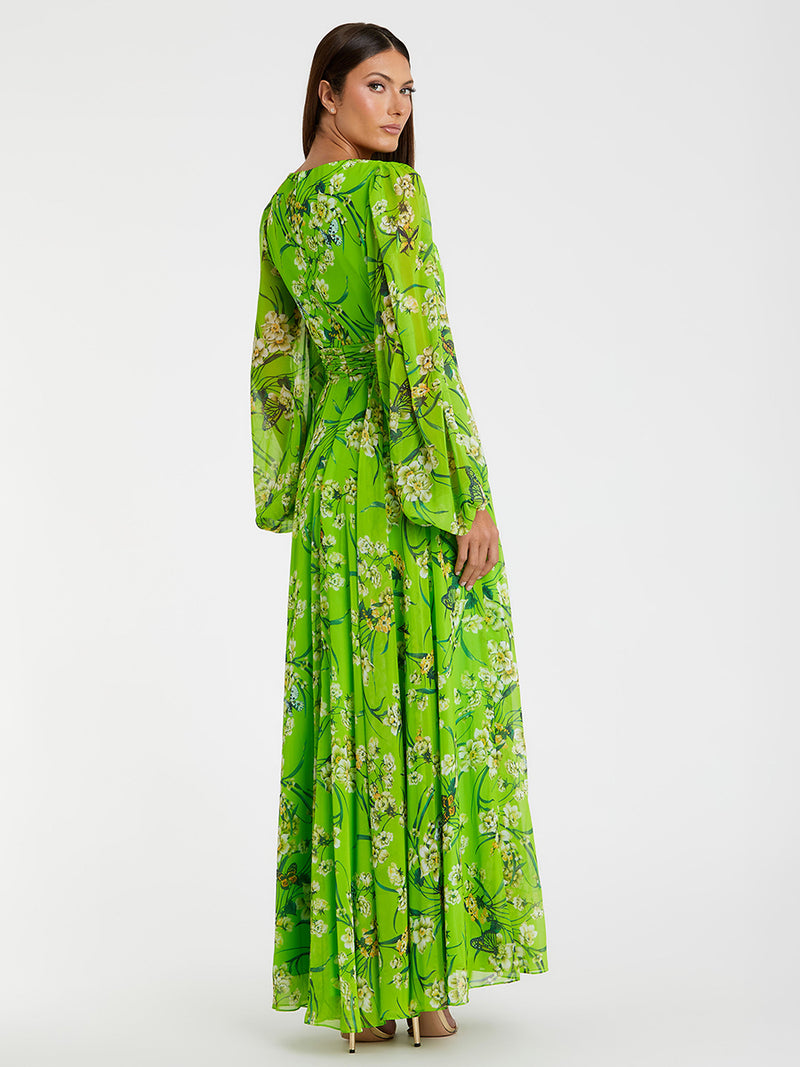 Green Puff Sleeve Floral Chiffon Gown