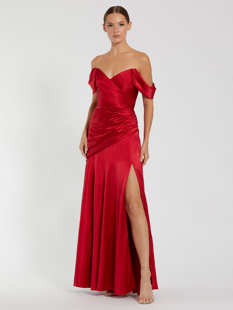 Red Satin Off The Shoulder Crossover Gown