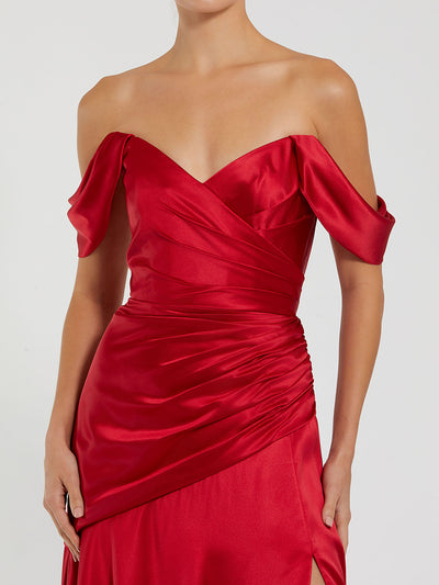 Red Satin Off The Shoulder Crossover Gown